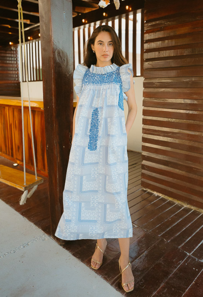 Olivia Blue Floral Block Print Midi Dress