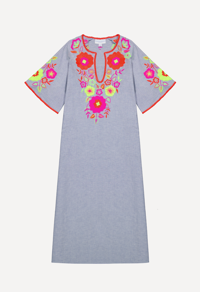 Malena Caftan Dress Dress Malena Chambray Neon Floral Caftan Malena Chambray Neon Floral Caftan