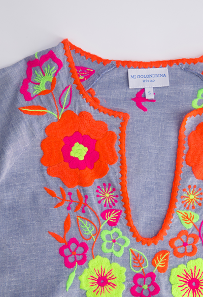 Malena Caftan Dress Dress Malena Chambray Neon Floral Caftan Malena Chambray Neon Floral Caftan