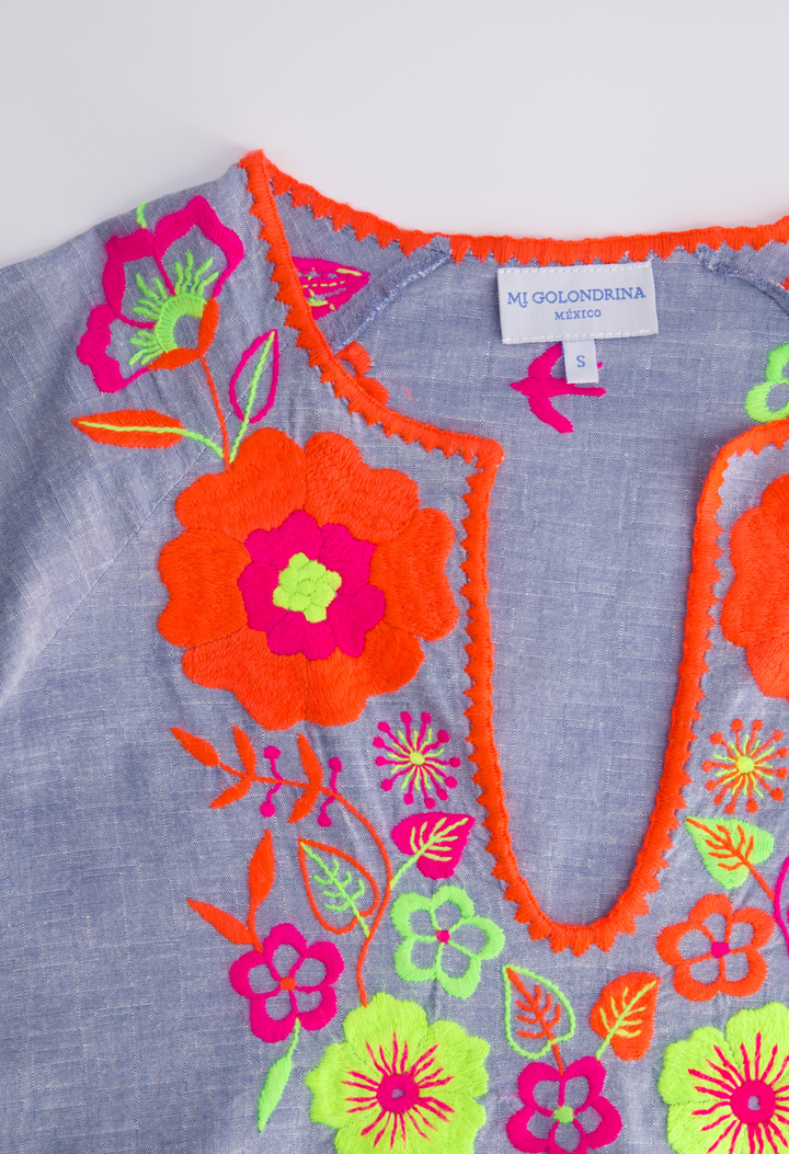 Malena Caftan Dress Dress Malena Chambray Neon Floral Caftan Malena Chambray Neon Floral Caftan