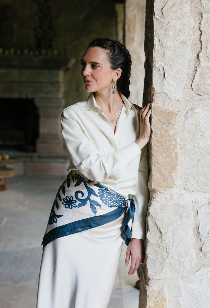 Silk Scarf Silk Scarf One Size Blue and Ivory Silk Scarf Blue and Ivory Silk Scarf
