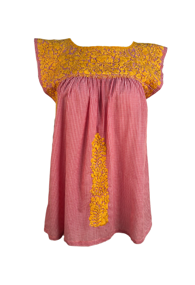 Red Gingham and Orange Blouse