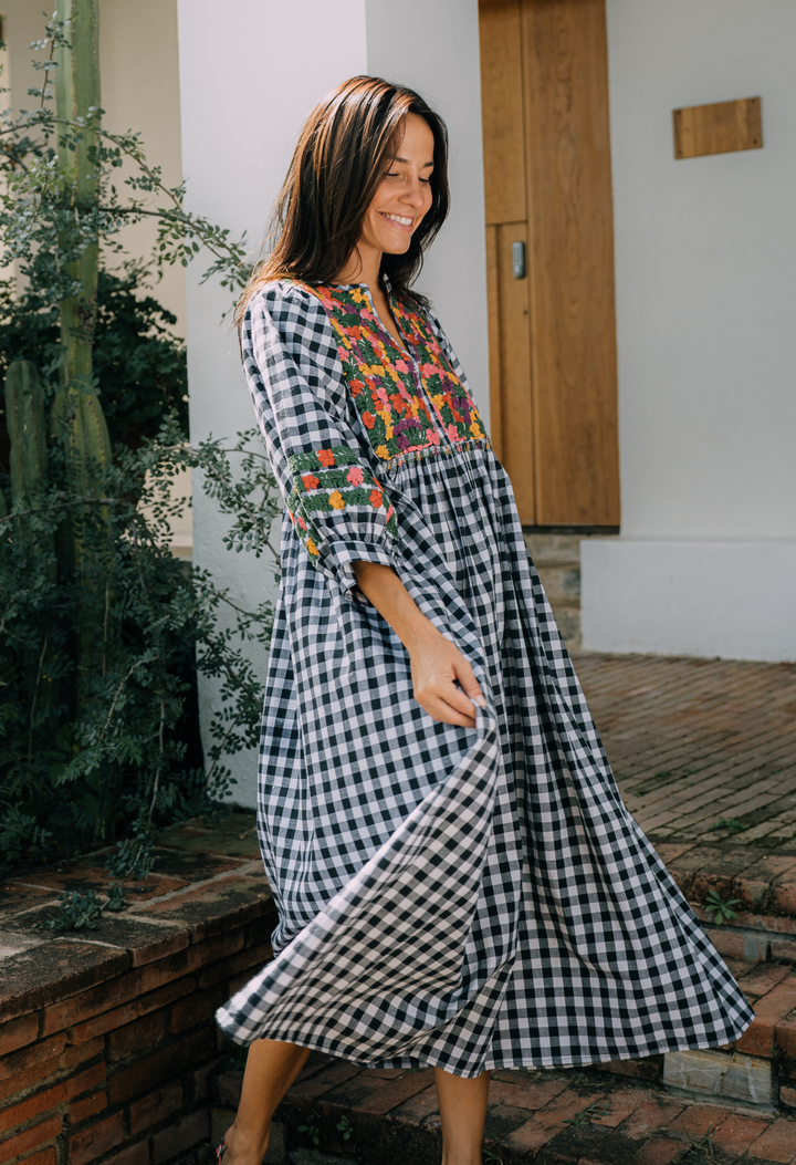 Violeta Long Dress Dress Violeta Black Gingham Harvest Floral Long Dress Violeta Black Gingham Harvest Floral Long Dress