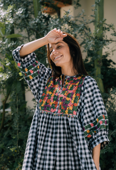 Violeta Long Dress Dress Violeta Black Gingham Harvest Floral Long Dress Violeta Black Gingham Harvest Floral Long Dress