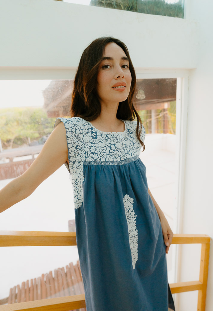 dusty blue midi dress Hunter 100% Cotton in Designed for any upscale event Dusty Blue Pinstripe Linen Blend