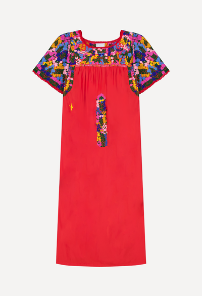 Julieta Specialty Midi Dress Dress Julieta Red Fiesta Midi Dress with Embroidered Sleeve Julieta Red Fiesta Midi Dress with Embroidered Sleeve