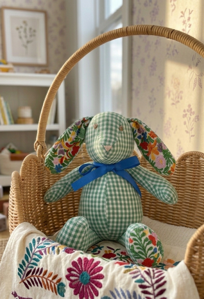 Embroidered Bunny Stuffed Animal Green Gingham Embroidered Bunny Small Dove Vase | Mi Golondrina