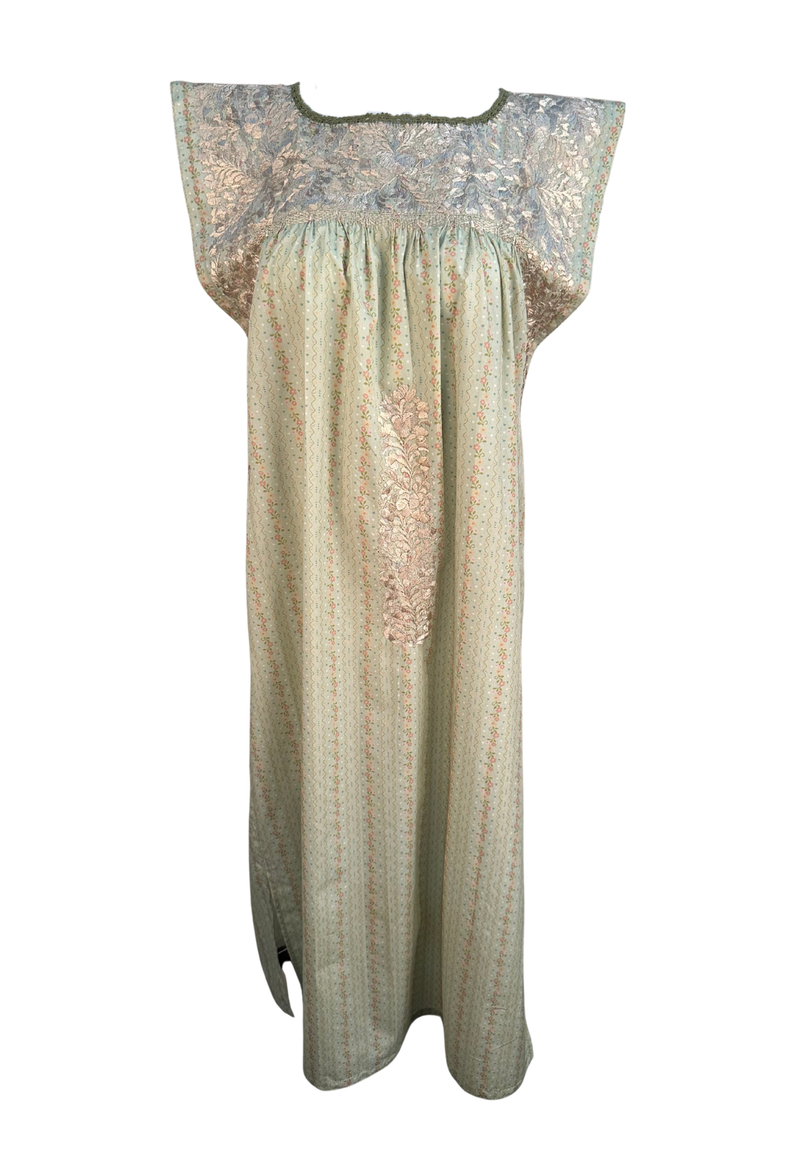 Light Green Floral and Gold Midi Dress