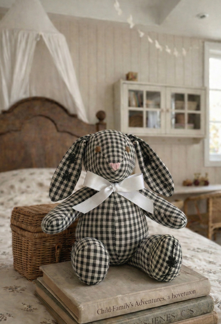 Embroidered Bunny Stuffed Animal Black Gingham Embroidered Bunny Small Dove Vase | Mi Golondrina
