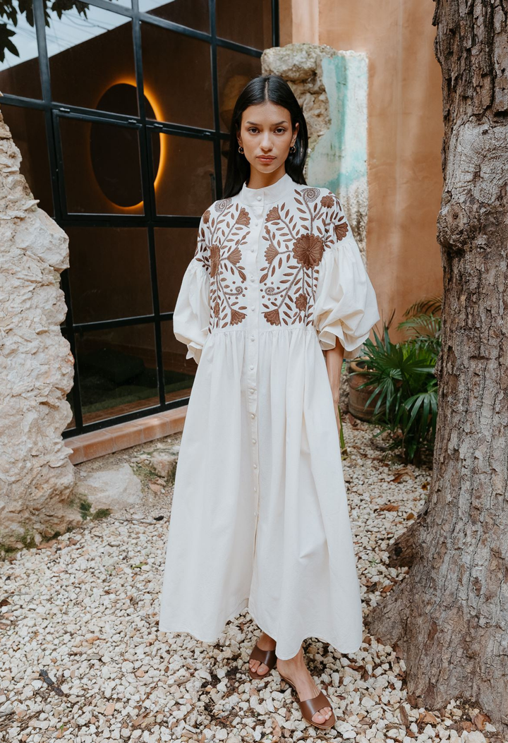 Francisca Long Dress Dress Francisca Ivory and Brown Long Dress Francisca Ivory and Brown Long Dress