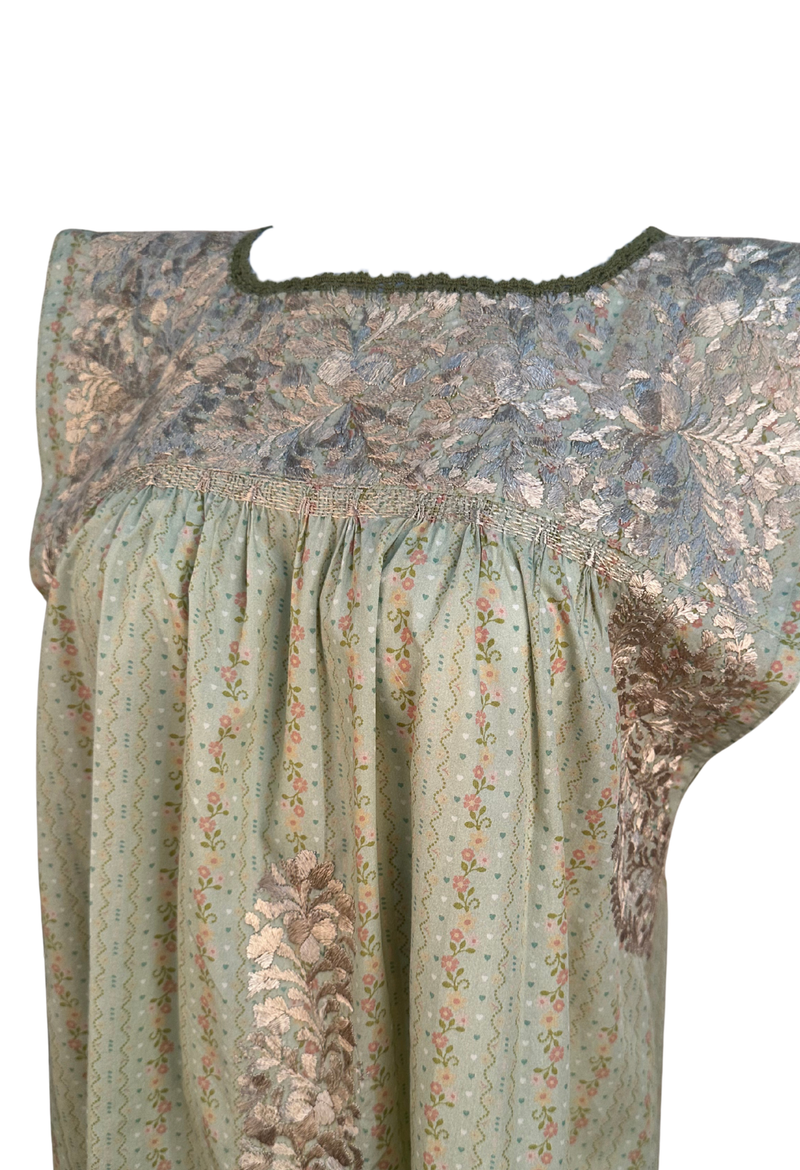 Light Green Floral and Gold Midi Dress