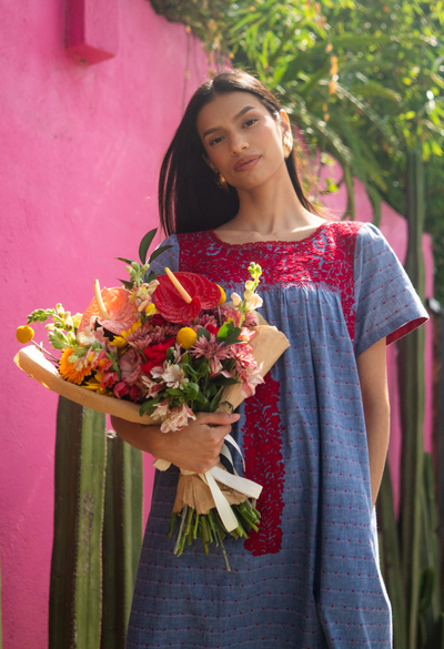 Liliana Denim Red Heart Midi Dress