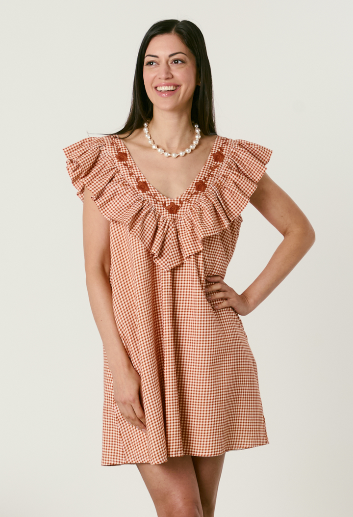 Andrea Gingham Naranja Short Dress