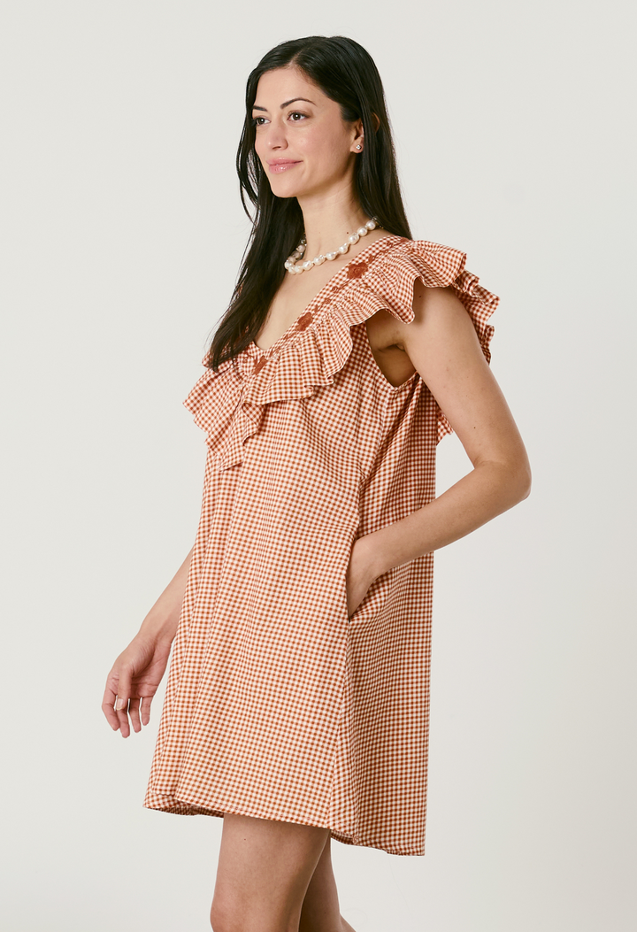 Andrea Gingham Naranja Short Dress