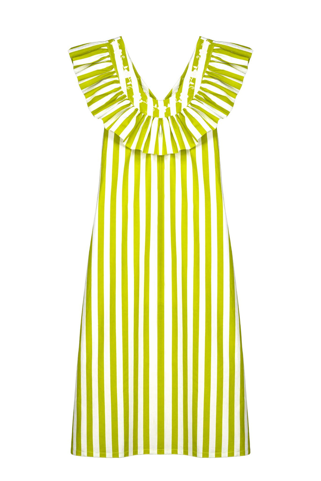 Andrea Rayas Green Striped Dress with Ruffle Neckline back