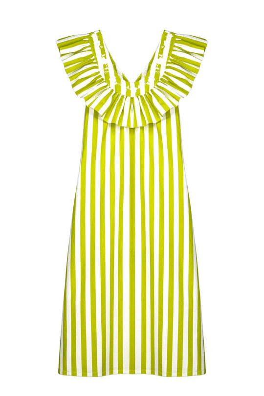 Andrea Rayas Green Striped Dress with Ruffle Neckline back