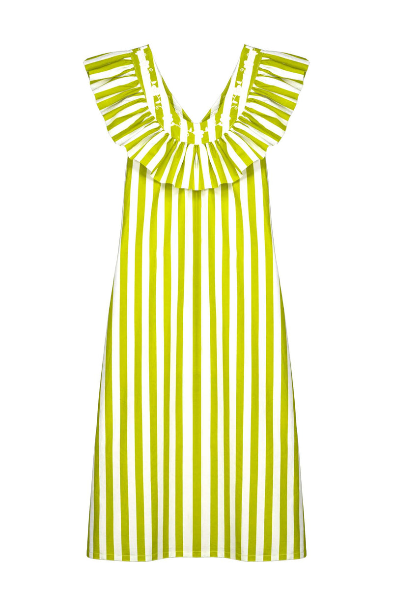 Andrea Rayas Green Striped Dress with Ruffle Neckline back