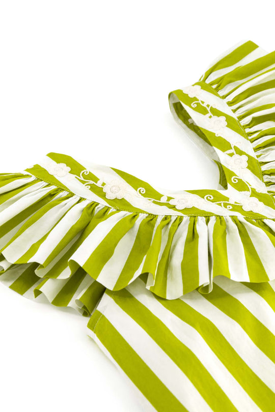 Andrea Rayas Green Striped Dress with Ruffle Neckline detail