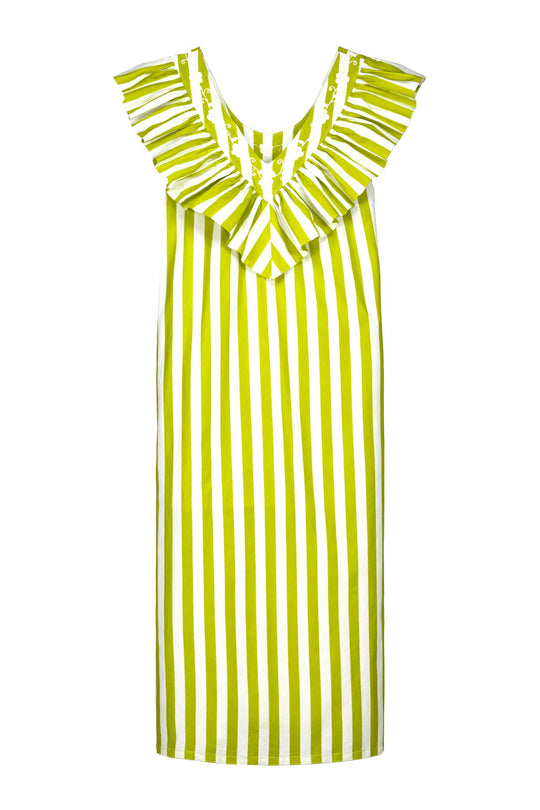 Andrea Rayas Green Striped Dress with Ruffle Neckline