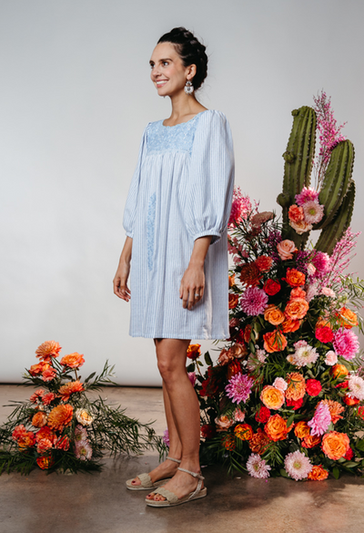 Maya Mexican Dress Belt Vestido Campesino Faja Flowers Chiapas Denim Large  Q27