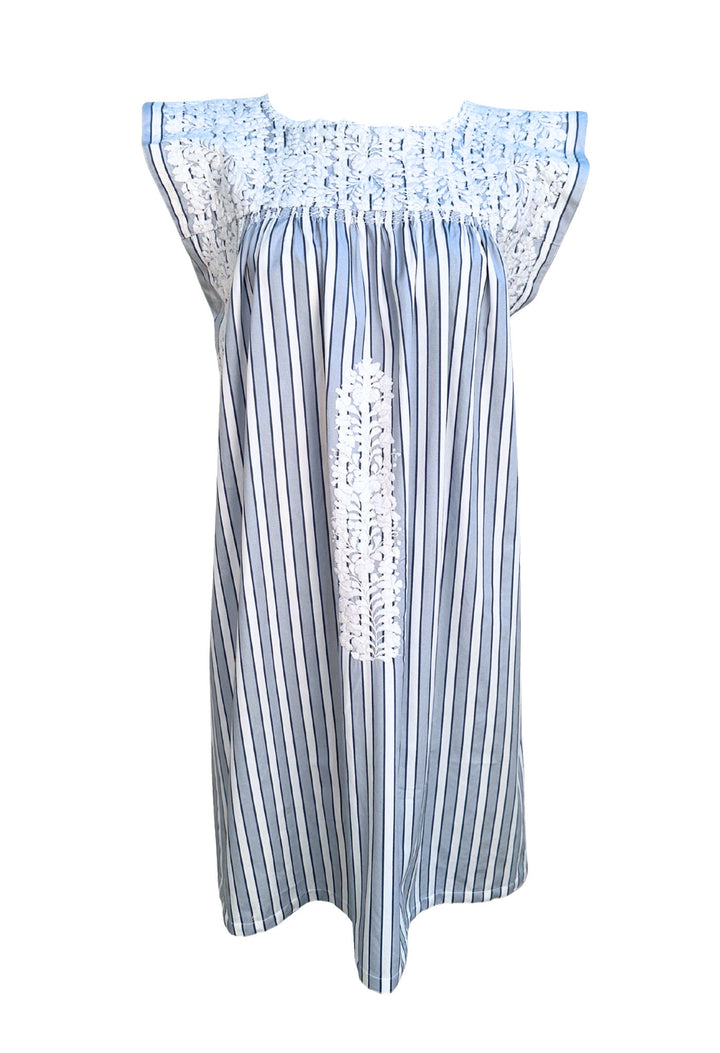 Rayas Azules y Blancas Flores Short Dress