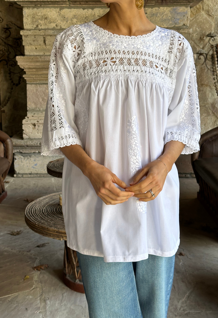 Deshilado Blouse Dress Deshilado Blouse Veintiocho Blue Deshilado Midi Dress | Mi Golondrina