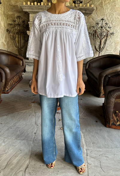 Deshilado Blouse Dress Deshilado Blouse Veintiocho Blue Deshilado Midi Dress | Mi Golondrina