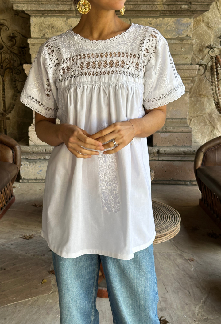 Deshilado Blouse Dress Deshilado Blouse Veintinueve Blue Deshilado Midi Dress | Mi Golondrina