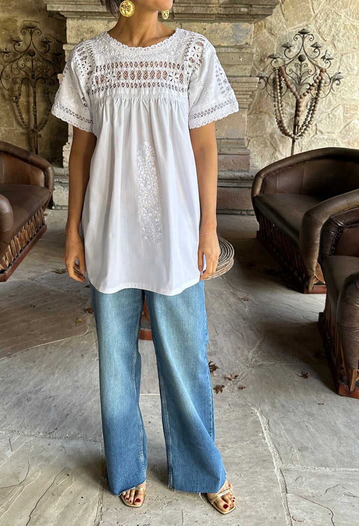 Deshilado Blouse Dress Deshilado Blouse Veintinueve Blue Deshilado Midi Dress | Mi Golondrina