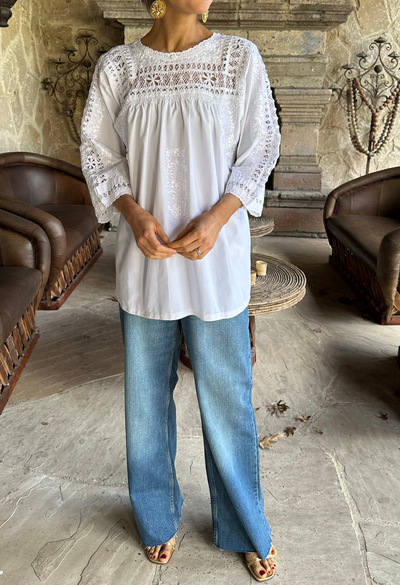 Deshilado Blouse Dress Deshilado Blouse Treinta Blue Deshilado Midi Dress | Mi Golondrina