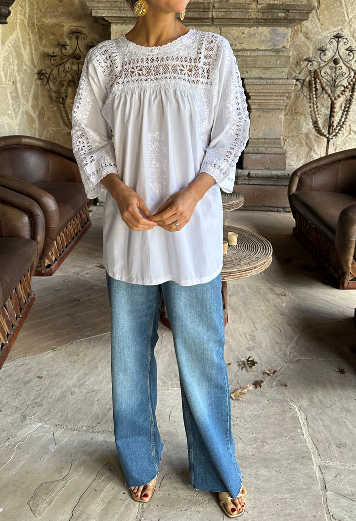 Deshilado Blouse Dress Deshilado Blouse Treinta Blue Deshilado Midi Dress | Mi Golondrina