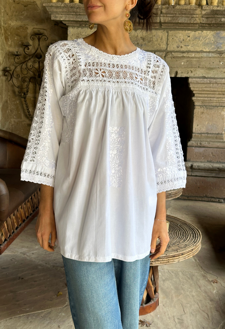 Deshilado Blouse Dress Deshilado Blouse Treinta Blue Deshilado Midi Dress | Mi Golondrina