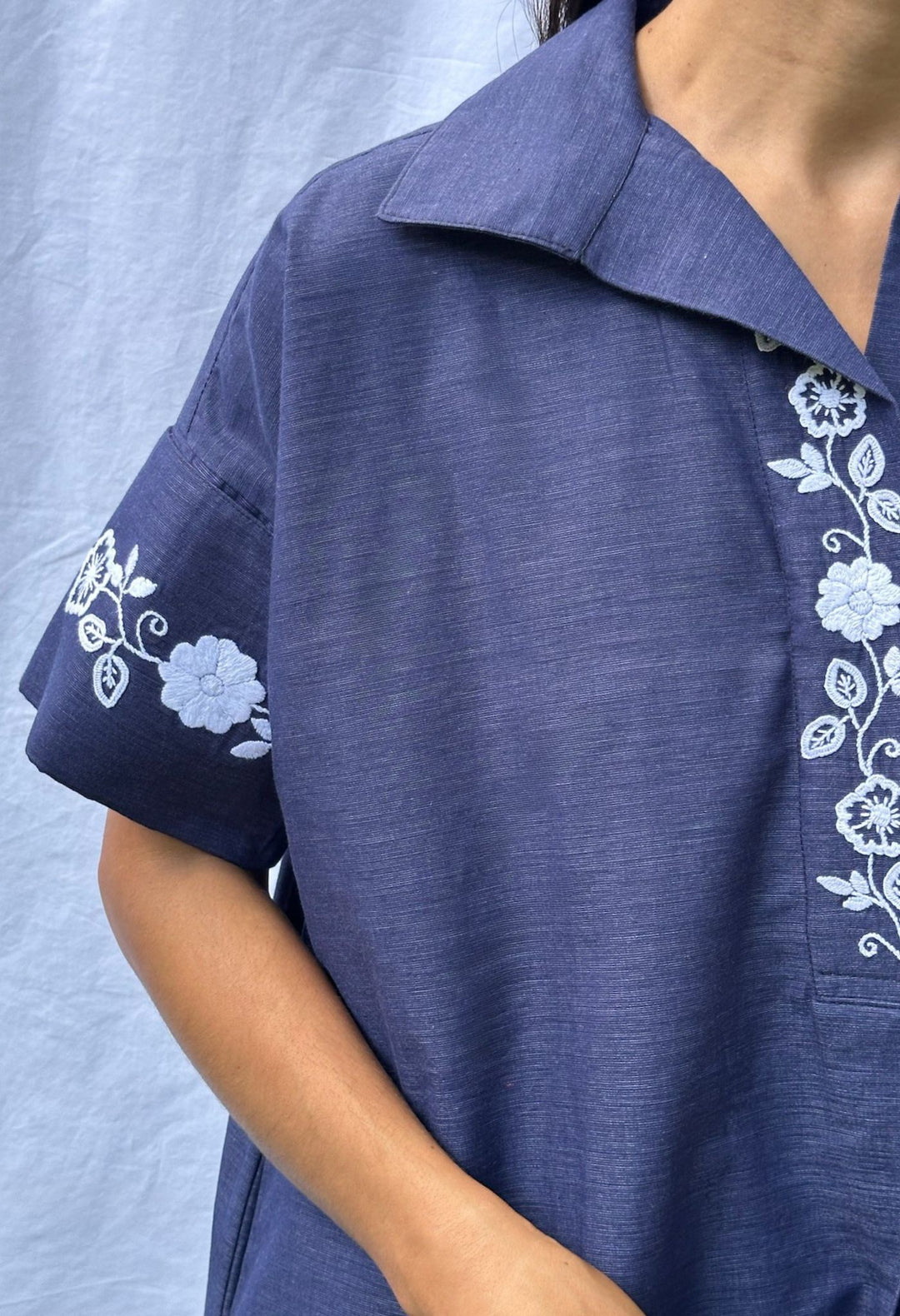 Emilia navy short collared dress with white embroidery