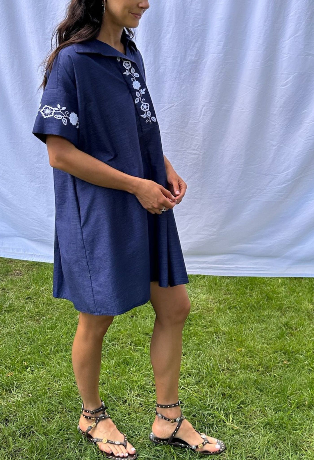 Emilia navy short collared dress with white embroidery