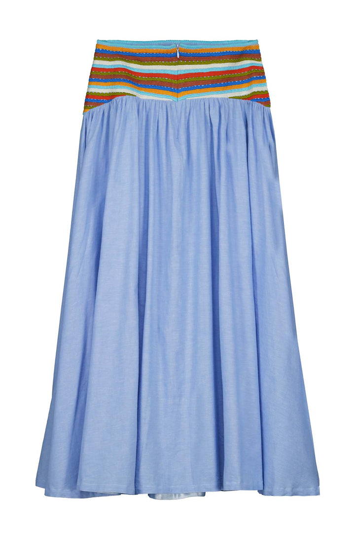 Esmeralda skirt front in chambray and multicolor embroidery back