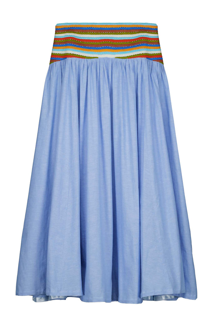 Esmeralda skirt front in chambray and multicolor embroidery