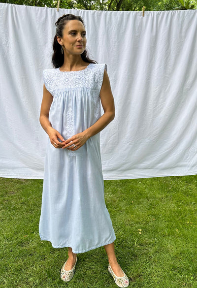 Flores essentials sleeveless midi dress in light blue and white embroidery