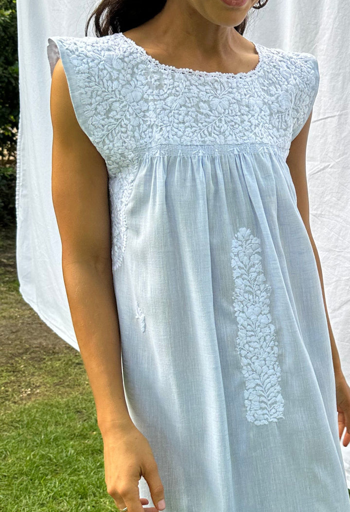 Flores essentials sleeveless midi dress in light blue and white embroidery