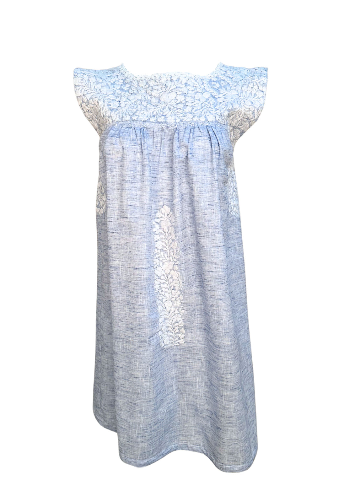 Azul Claro y Blanco Flores Short Dress