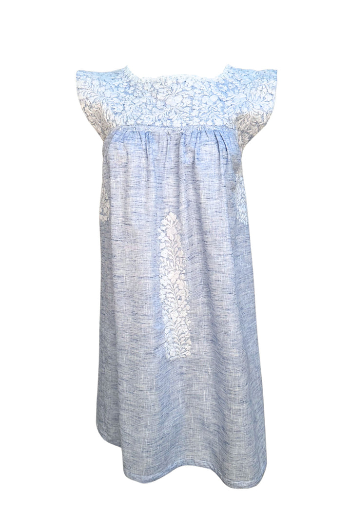 Azul Claro y Blanco Flores Short Dress
