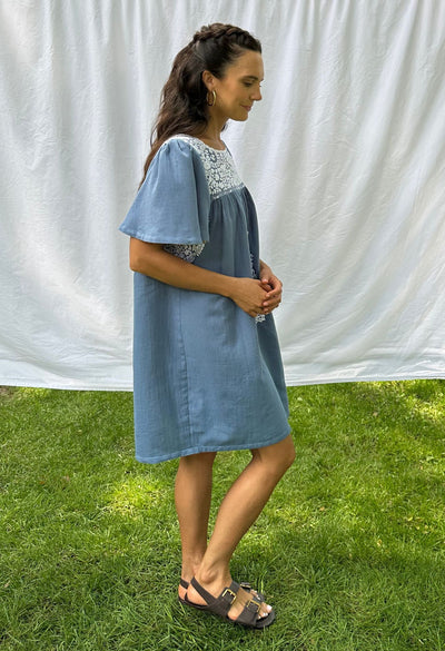 Julieta blue cotton embroidered dress with short sleeves