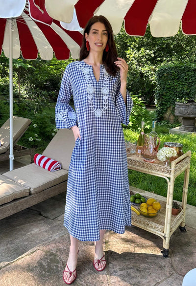 Leona Azul Gingham Caftan Dress