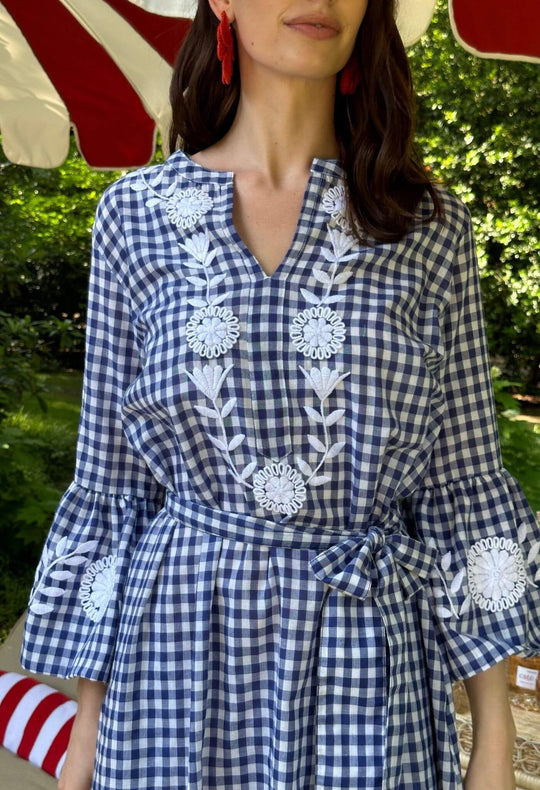 Leona Azul Gingham Caftan Dress