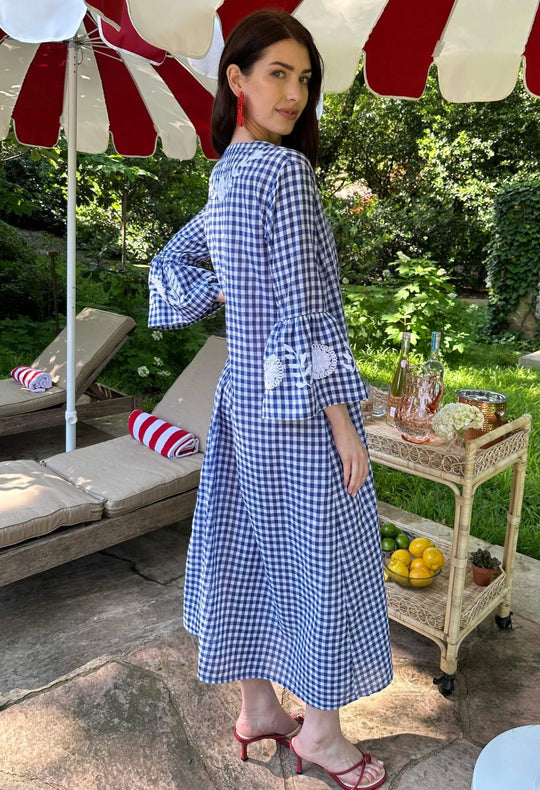 Leona Azul Gingham Caftan Dress