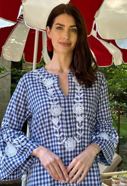 Leona Azul Gingham Caftan Dress