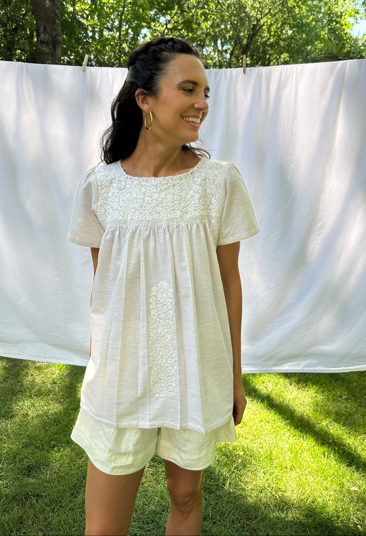 Liliana tan and white embroidered blouse