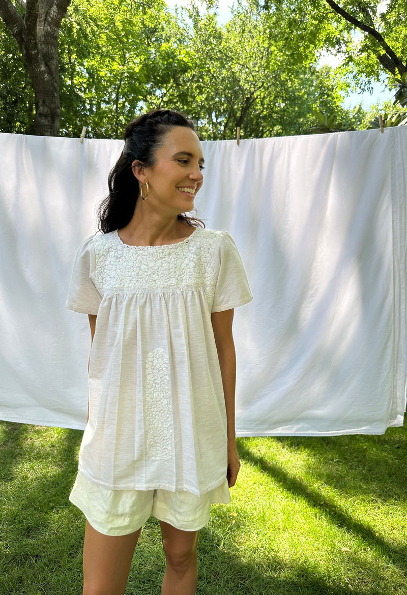 Liliana tan and white embroidered blouse