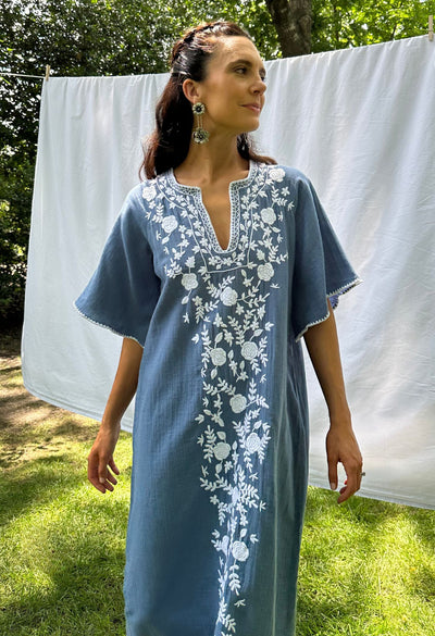 Malena blue and white embroidered caftan