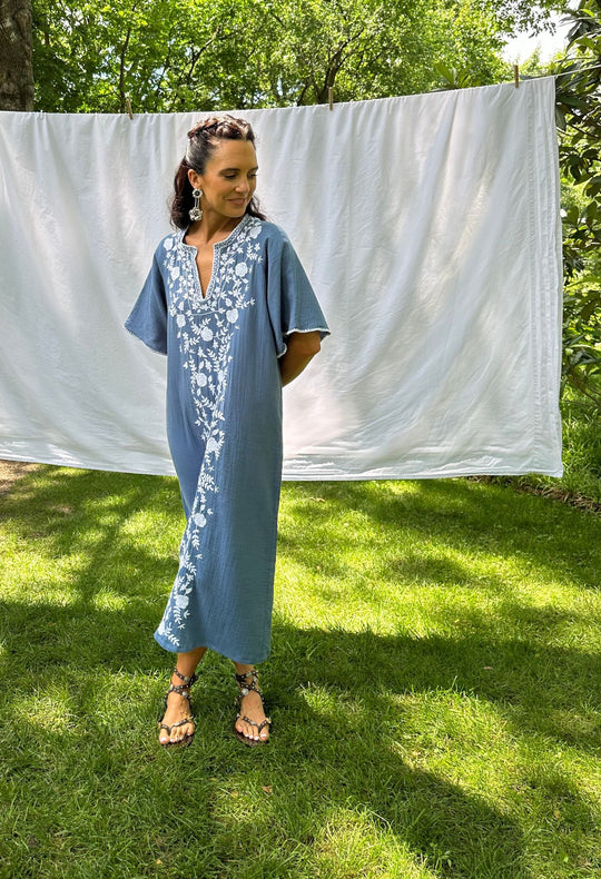 Malena blue and white embroidered caftan