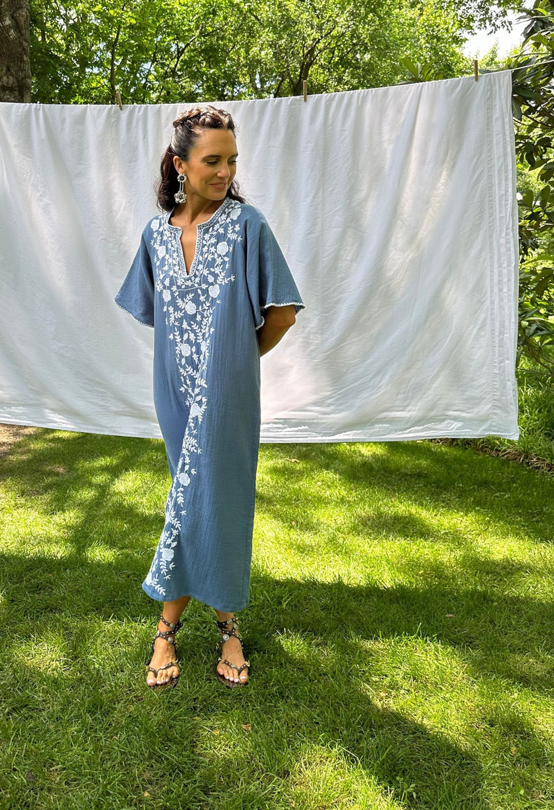 Malena blue and white embroidered caftan